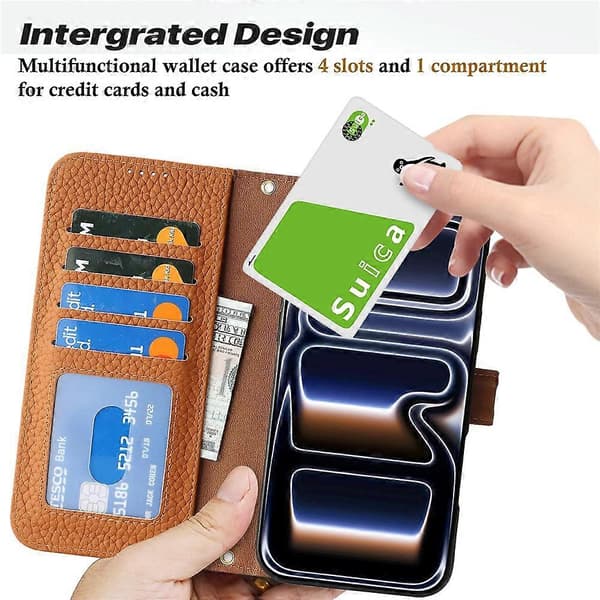 Kompatibelt för iPhone 17 Pro Ställfodral Litchi Textur Äkta Läder Plånbok Telefonfodral RFID DarkYellow