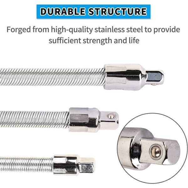 3-pack flexibla förlängare i rostfritt stål silver 1/4" 3/8" 1/2", spärrnyckel, flexibel axeladapter