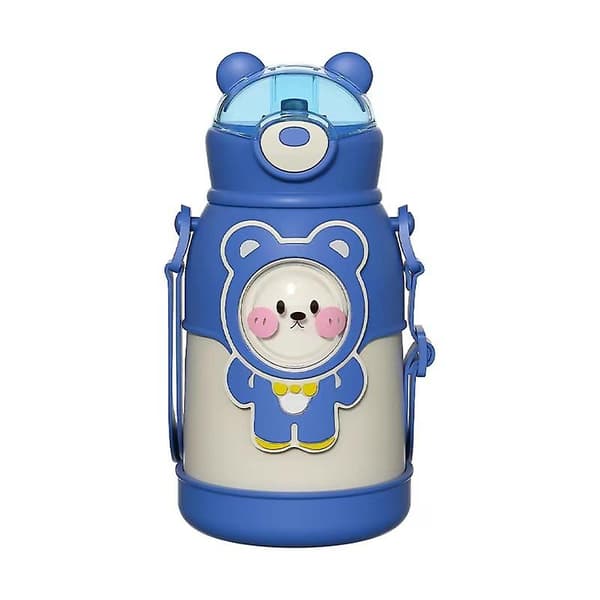 Barntermosmugg, 500 ml utomhus student tecknad dricksmugg med sugrör—ls blue