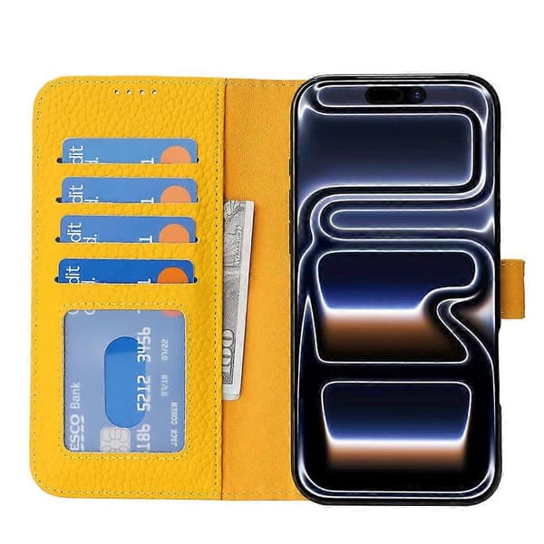 Kompatibelt för iPhone 17 Pro Ställfodral Litchi Textur Äkta Läder Plånbok Telefonfodral RFID Yellow