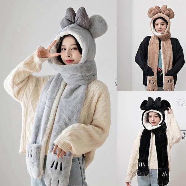 Vinter Kvinnor Nyhet Plyschmössa Rosettmössa Casual Plyschmössa Halsduk Handskar Set—ls Black