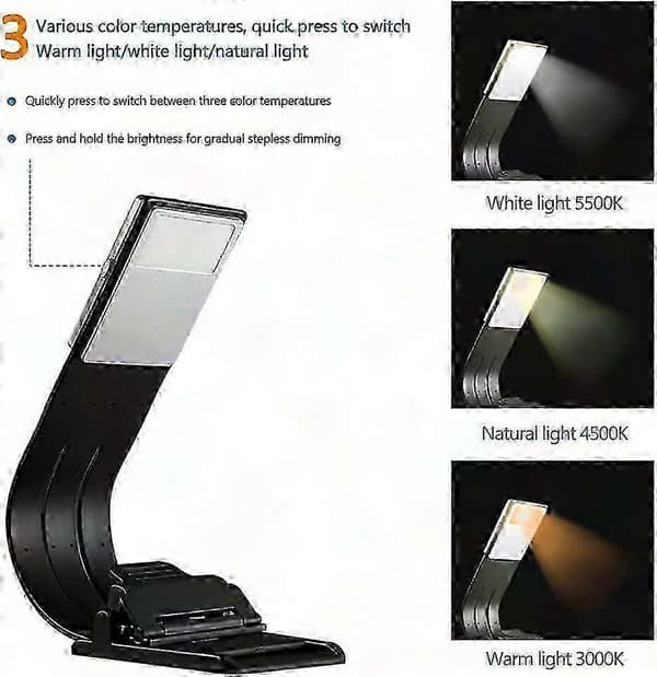 LED leselampe for seng - 3 farger justerbar boklampe for nattlesing