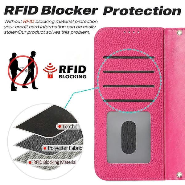 Kompatibelt för iPhone 17 Pro Ställfodral Litchi Textur Äkta Läder Plånbok Telefonfodral RFID Pink