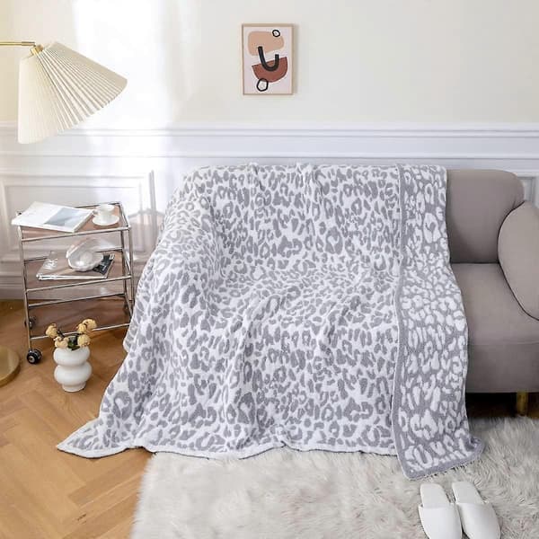 Ultramød Micro Plys Hvid Grå Leopard Tæppe (130x160 cm) Varmt Vendbart Gepard Tæppe Leopardmønstret Plaid til Sofa Seng