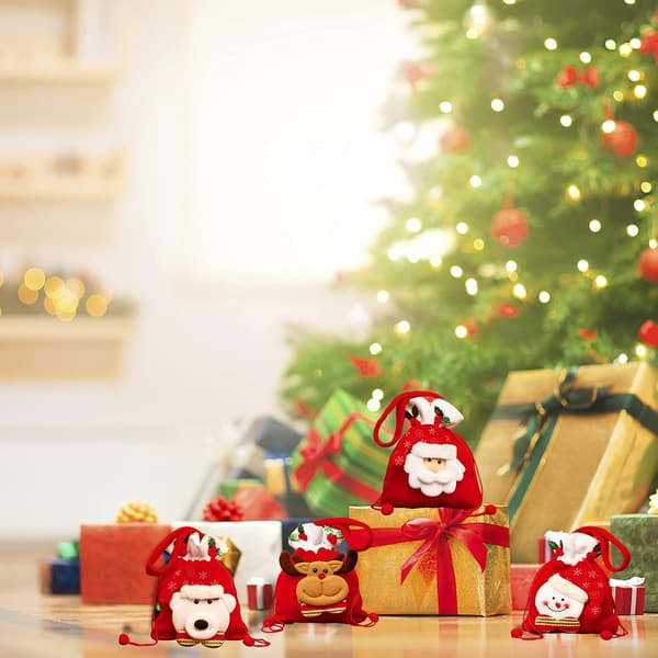 Julklappspåse med snöre, 4-pack, julmotiv i 3D, tyg, A