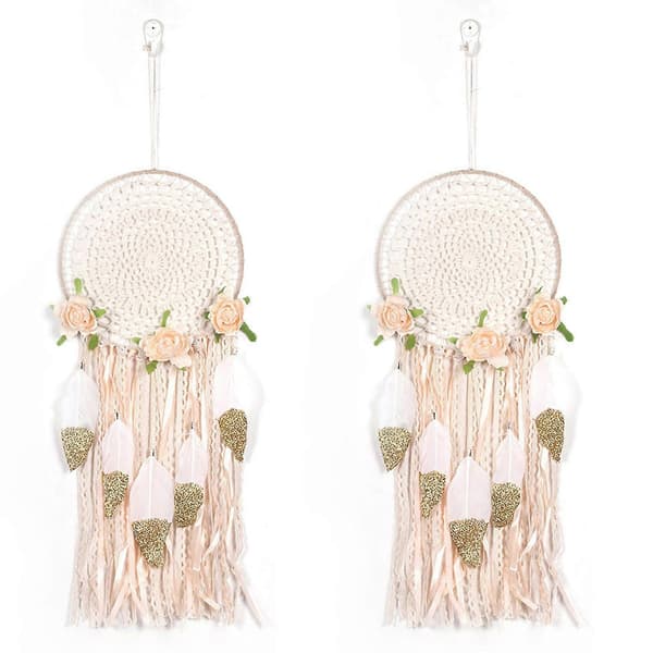 2x Vævet Blomsterfjer Drømmefanger Boho Makrame Ophæng Drømmefanger Gør-det-selv Vindklokker Vægkunst W—ls