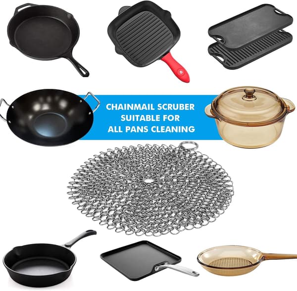 Rustfri 7-tommers gryteskrubb for støpejernspanner, forkrydrede panner, stekepanner, griller og mer
