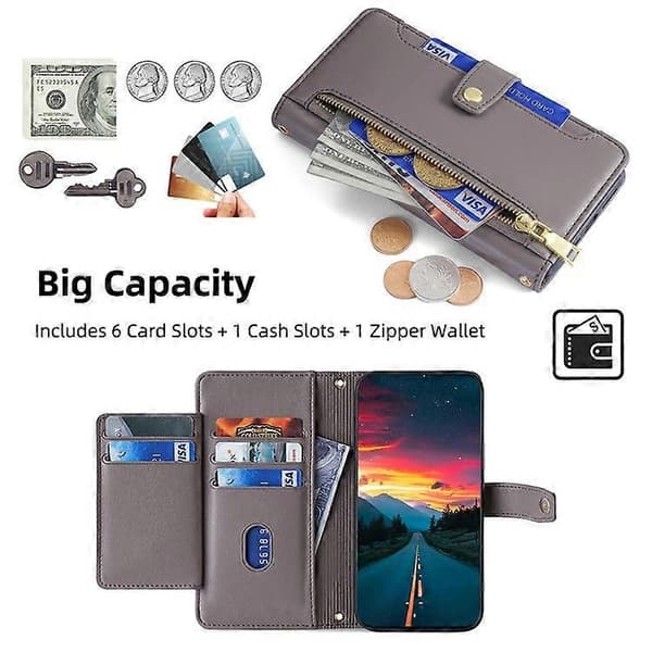 Kompatibel med Google Pixel 8a telefonfodral PU-läder skyddsfodral med dragkedjeplånbok Grey