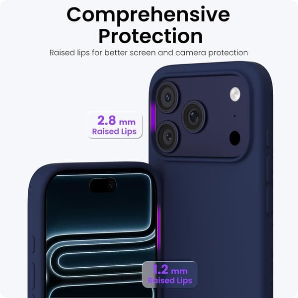 iPhone 17 Pro skal, premium flytande silikonskal, mjukt cellgummi, repfritt mikrofiberfoder, stöttåligt skydd, mörkblå