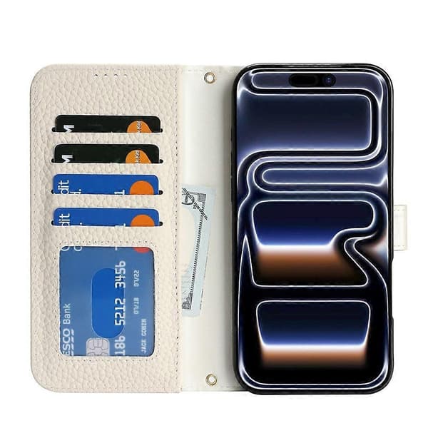 Kompatibelt för iPhone 17 Pro Ställfodral Litchi Textur Äkta Läder Plånbok Telefonfodral RFID White