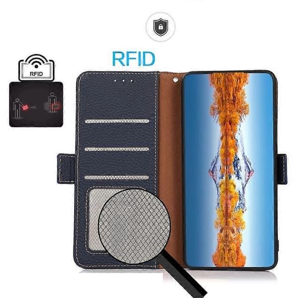 KHAZNEH Sidomagnetiskt Litchi Läder RFID-telefonfodral för Nothing Phone 2 Blue