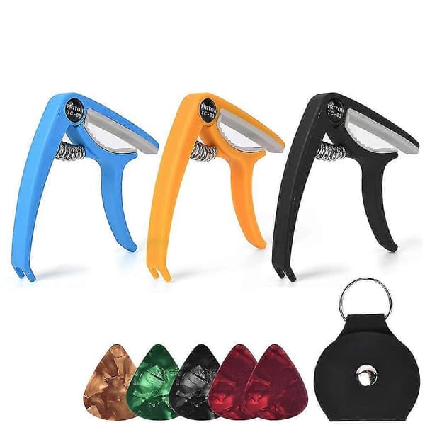Ny gitar-capo for akustiske og elektriske gitarer - 5 plektre gitartilbehør, gul—ls
