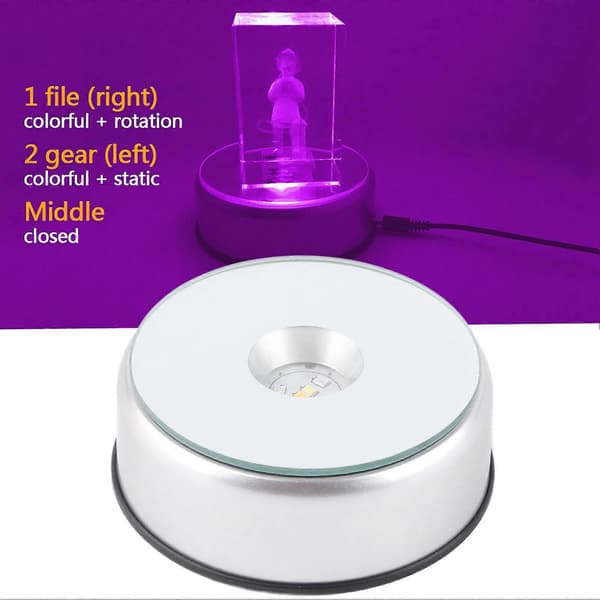 LED farverigt lys roterende krystal display base stativholder med AC US-adapter sølv