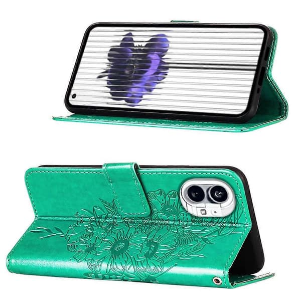 För Nothing Phone 1 präglat fjärilsläderfodral Green
