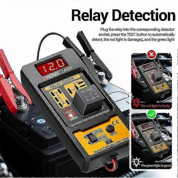 Bilrelétester RT01 12-24V Universell Bilspenning- og Batterikontroller med LED-indikator for Kjøretøyrelétesting—ls Black