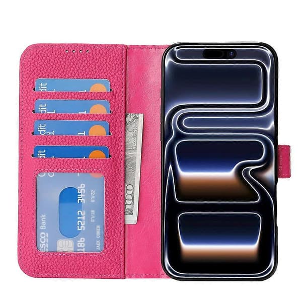 Kompatibelt för iPhone 17 Pro Ställfodral Litchi Textur Äkta Läder Plånbok Telefonfodral RFID Pink