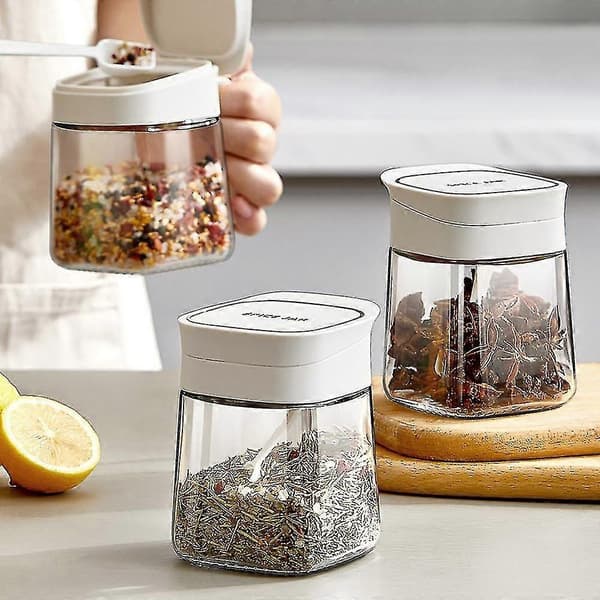 Lasimaustepurkit, kosteutta kestävät maustesäiliöt lusikoilla, 300 ml maustepullot, minimaustepurkit