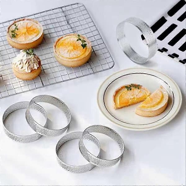 10 stk 9 cm terteringer i rustfritt stål med hull for dessert, pai, quiche, kake og mousse bakeform