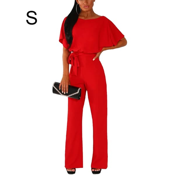 Dam Jumpsuit Romper Strand Semester Bodysuit Raka Ben V-ringad Röd Red Red S