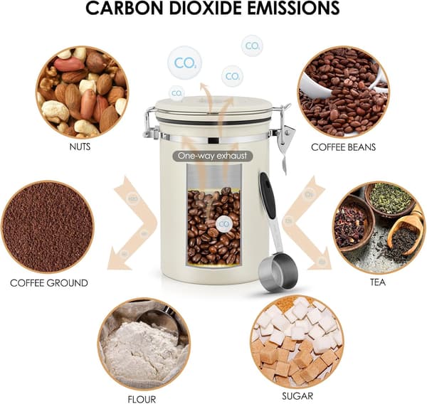 Lufttett kaffeboks i 304 rustfritt stål med CO2-ventil og skje, 1,8L