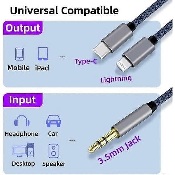 Flettet nylon USB C- og Lightning-til-3,5 mm jack-lydadapter Aux-kabel