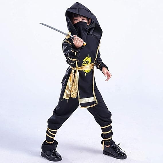 Ninja Pige Dreng Cosplay Anime Ninja Kostume Børn Drage Sort Guld Hætte Maske