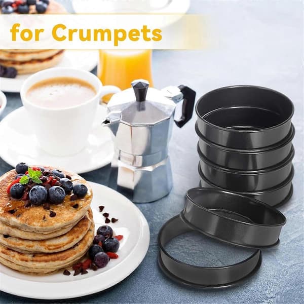 6 stk. Crumpet-ringer, 10 cm doble rullede runde kake-, terte-, kjeks-, egg- og burgerringer i rustfritt stål Black
