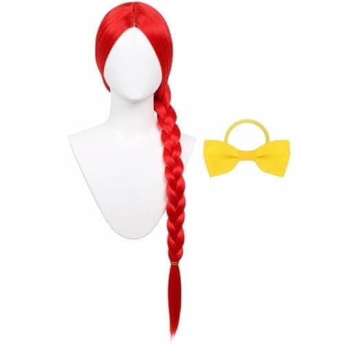 Punainen pitkä punottu peruukki lapsille keltaisella rusetilla hiustarvikkeet Cosplay