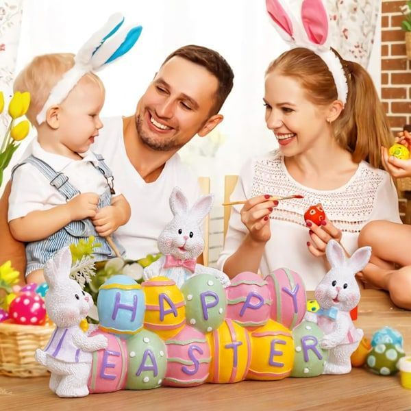 3 Easter Bunnies Holding Eggs, Resin Easter Bunny Figurines, Desktop Decorations, Suitable for Spring Decoration Easter Home Office