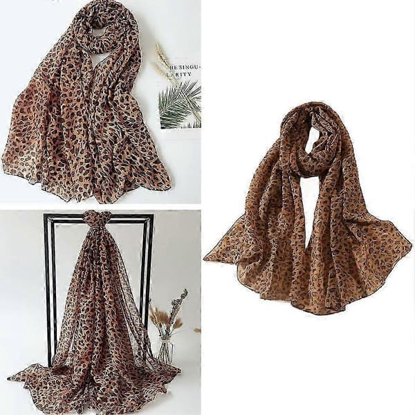 Leopardmönstrad halsduk för kvinnor, vit chiffong silke tunn sjal hijab coffee