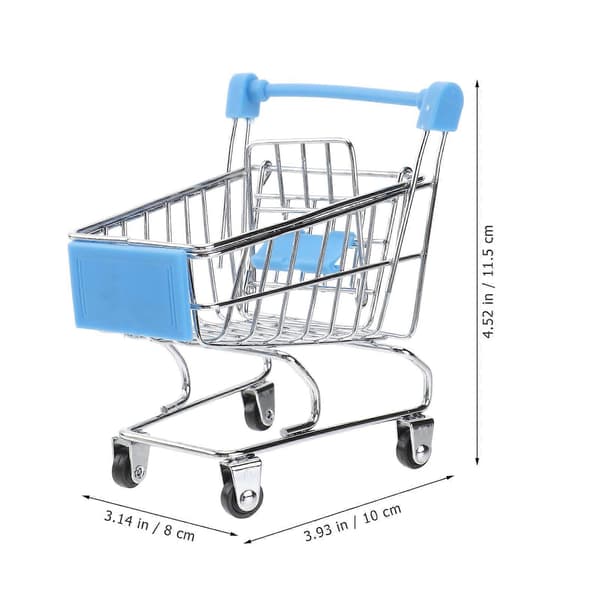 Mini handlekurv i metall for dekorasjon, lyseblå supermarkedsvogn