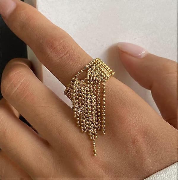 Rustfrit Stål Kæde Kvast Fingerring Justerbar Belagt Smykke—ls Gold