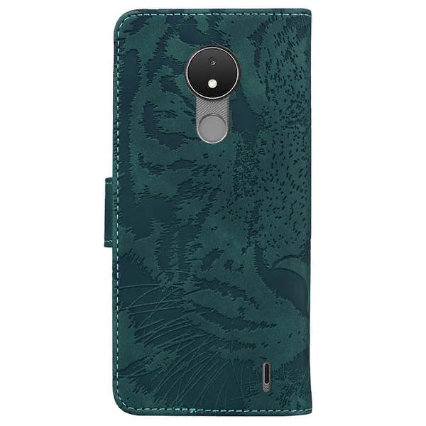 For Nokia C21 Tiger Embossing Pattern Horisontal Flip Lærtelefonveske Green