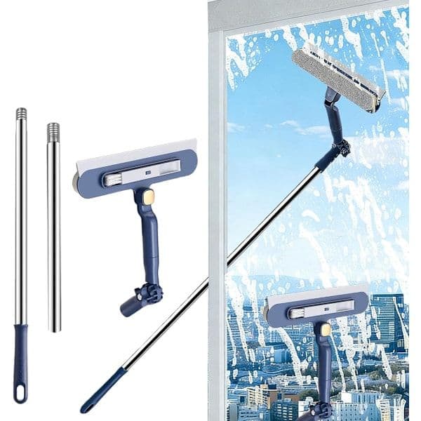 2-in-1 Extendable Window Cleaner - 120 cm Telescopic Squeegee & Scrubber, Rotating Head for Windows, Mirrors & Showers - Blue