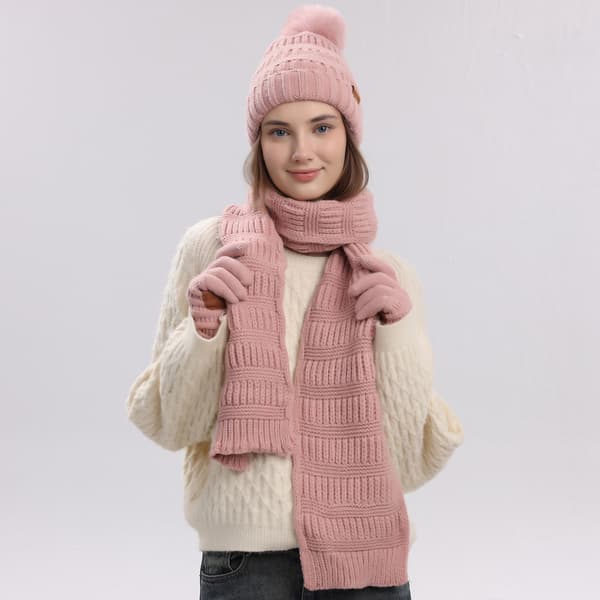 Stickad mössa, halsduk och handskar för höst/vinter, varm för vintern och utomhusaktiviteter - Rosa Pink