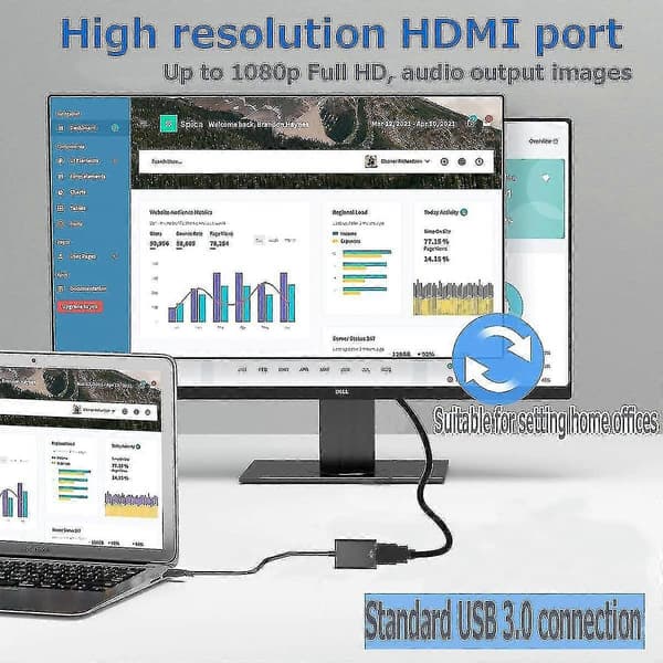 USB til HDMI-adapter, USB 3.0/2.0 til HDMI lyd- og videoadapter, HD 1080p videografikkabelkonverter til PC, bærbar computer HDTV TV kompatibel med Windows X