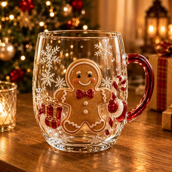 Julglas konstkopp 300ml, festlig dricksglas med handtag, kreativ semesterpresentkopp Gingerbread Man