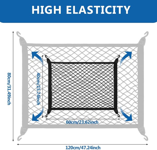 Bagagerumsnet til bil 60x40cm Bagagenet med 4 kroge Elastisk Lastnet Organizer Bilopbevaringsnet til lastbiler, SUV'er