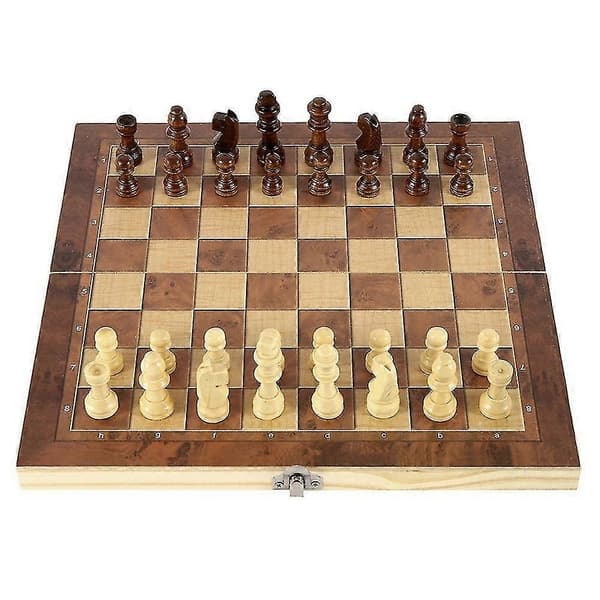 Træskaksæt, 3-i-1 foldbart skakbræt, 24x24cm—ls