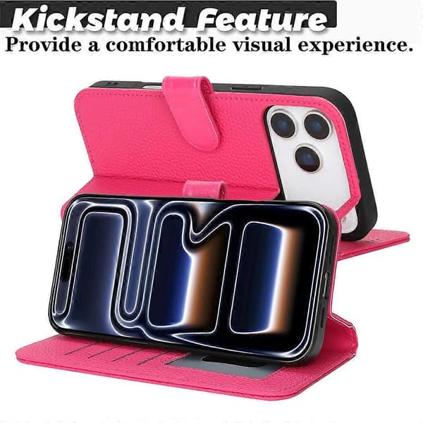 Kompatibelt för iPhone 17 Pro Ställfodral Litchi Textur Äkta Läder Plånbok Telefonfodral RFID Pink