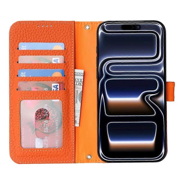 Kompatibelt för iPhone 17 Pro Ställfodral Litchi Textur Äkta Läder Plånbok Telefonfodral RFID Orange