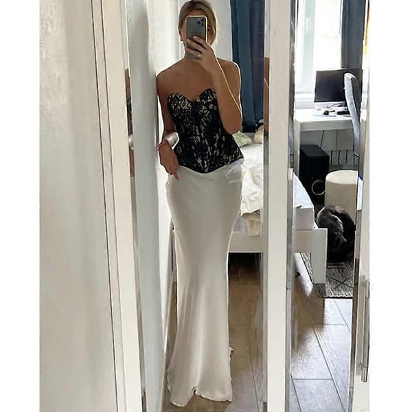Maxikjol för kvinnor i satin med hög midja A-linje lång kjol WHITE WHITE L