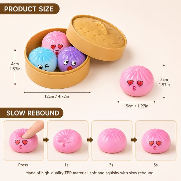 Mini Squishy Bao Bolle Blind Box Sæt – Tilfældige 3 søde langsomt stigende dumplings, stresslindrende fidgetlegetøj overraskelsesgave—ls