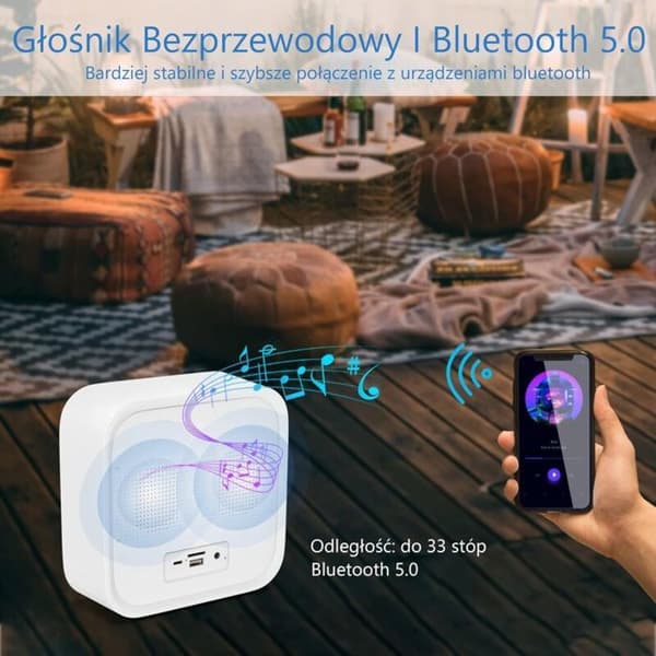 Monitoiminen herätyskello valolla, Bluetooth 5.0 -kaiutin, 10-värinen LED-lamppu, FM-radio, Monitoiminen sängyn vieruskello