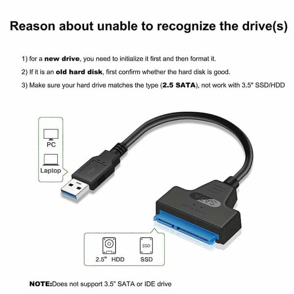 SATA–USB 3.0 -sovitinkaapeli 2,5 tuuman kiintolevylle HDD/SSD, kiintolevysovitinmuunnin tukee UASP:tä (musta)[ls] single