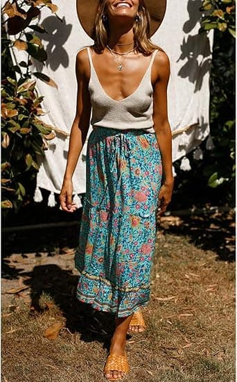 Kvinders Boho Blomsterprint Elastisk Højtaljet Plisseret A-Linje Midi Nederdel blå