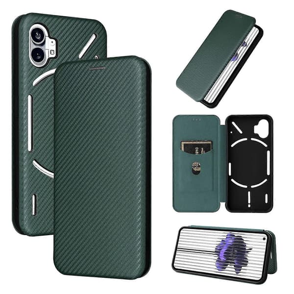 För Nothing Phone 1 Flipfodral i kolfibertextur i läder Green