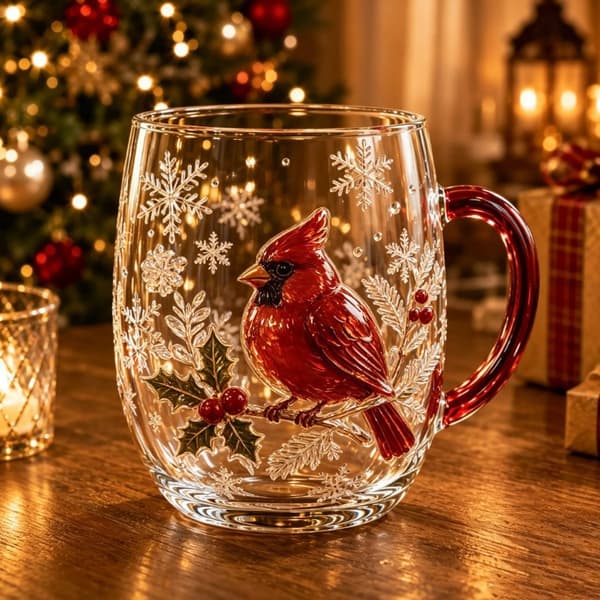 Julglas konstkopp 300ml, festlig dricksglas med handtag, kreativ semesterpresentkopp Cardinal