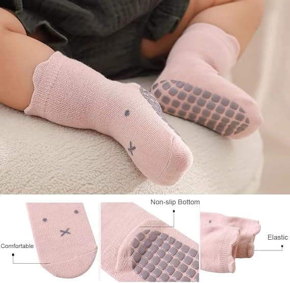 5 par babysockor med djurmotiv och halkfri sula