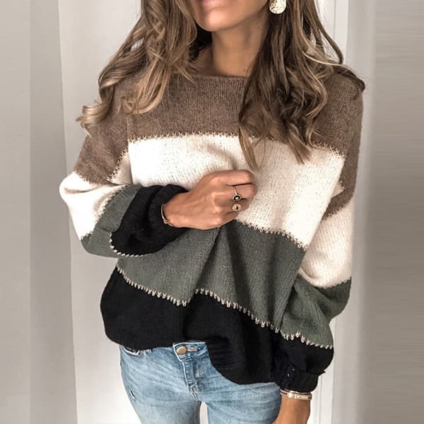 Dame oversized fargeblokk genser løs stripete tykk genser grå grå XL